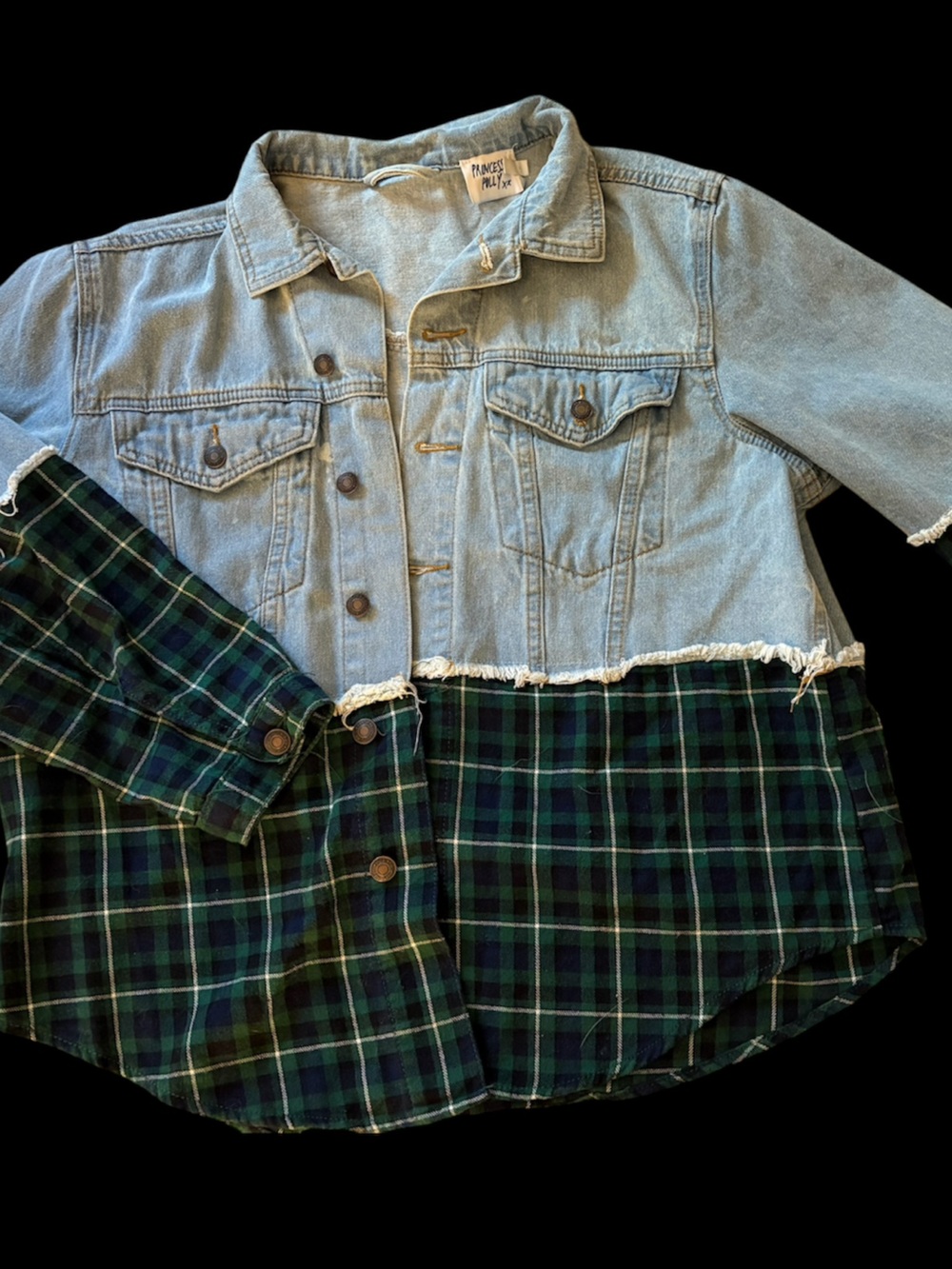 Princess Polly Light Wash Denim and Green Plaid Mixed-Media Jacket